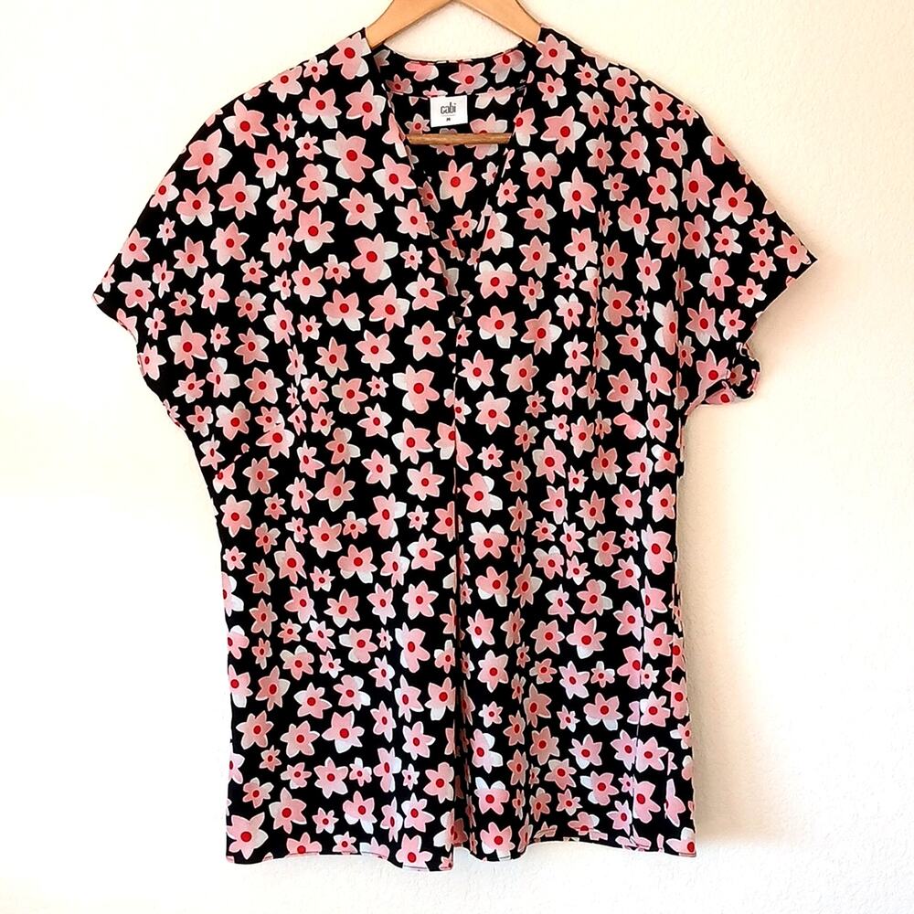 Cabi Harmony Blouse #5347 Black With Pink Flowers